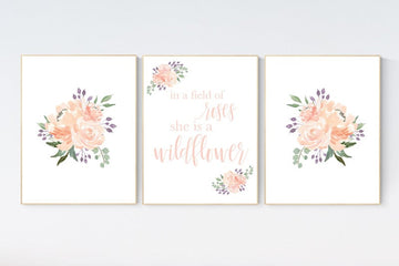 In a field of roses she is a wildflower, nursery decor girl flowers, nursery decor girl floral, blush, lavender, coral, peach, purple