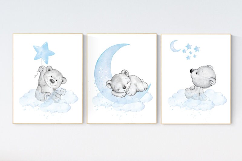 Nursery decor bear, nursery decor boy, bear nursery print, teddy bear decor, nursery wall art animals, boy nursery wall decor, blue nursery