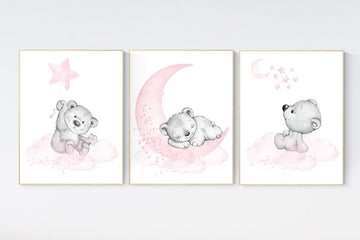 Nursery decor bear, bear nursery print,  teddy bear, pink grey nursery, nursery wall art animals, girl room decor, baby girl nursery decor