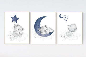 Nursery decor bear, animal nursery prints, navy nursery, navy blue nursery, baby room wall art, woodland animal prints, teddy bear nursery