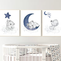 Nursery decor bear, animal nursery prints, navy nursery, navy blue nursery, baby room wall art, woodland animal prints, teddy bear nursery