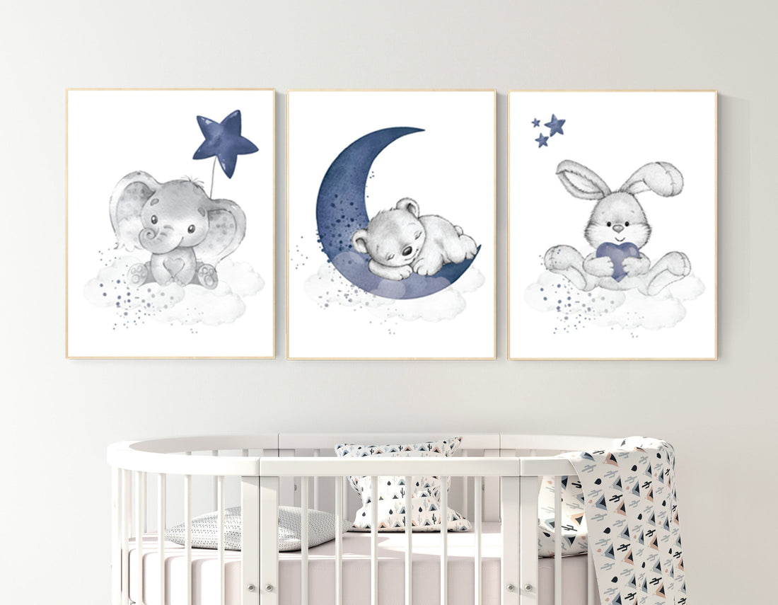 Nursery decor elephant and giraffe, animal nursery prints, navy nursery, navy blue nursery, baby room wall art, woodland animal prints
