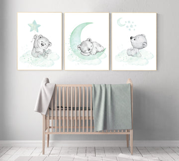 Nursery wall art animals, Nursery wall art mint and gray, baby room decor mint and gray, woodland, jungle, elephant, giraffe, bear, prints