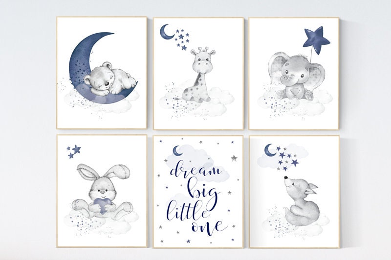 Nursery decor animals, nursery wall art boy, moon and stars, navy blue, animal prints for nursery, navy blue nursery, set of 6 prints