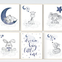 Nursery decor animals, nursery wall art boy, moon and stars, navy blue, animal prints for nursery, navy blue nursery, set of 6 prints