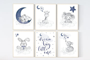Nursery decor boy animals, nursery wall art boy, moon and stars, navy blue, animal prints for nursery, navy blue nursery, set of 6 prints