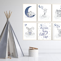 Nursery decor animals, nursery wall art boy, moon and stars, navy blue, animal prints for nursery, navy blue nursery, set of 6 prints