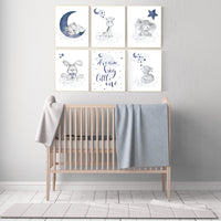 Nursery decor animals, nursery wall art boy, moon and stars, navy blue, animal prints for nursery, navy blue nursery, set of 6 prints