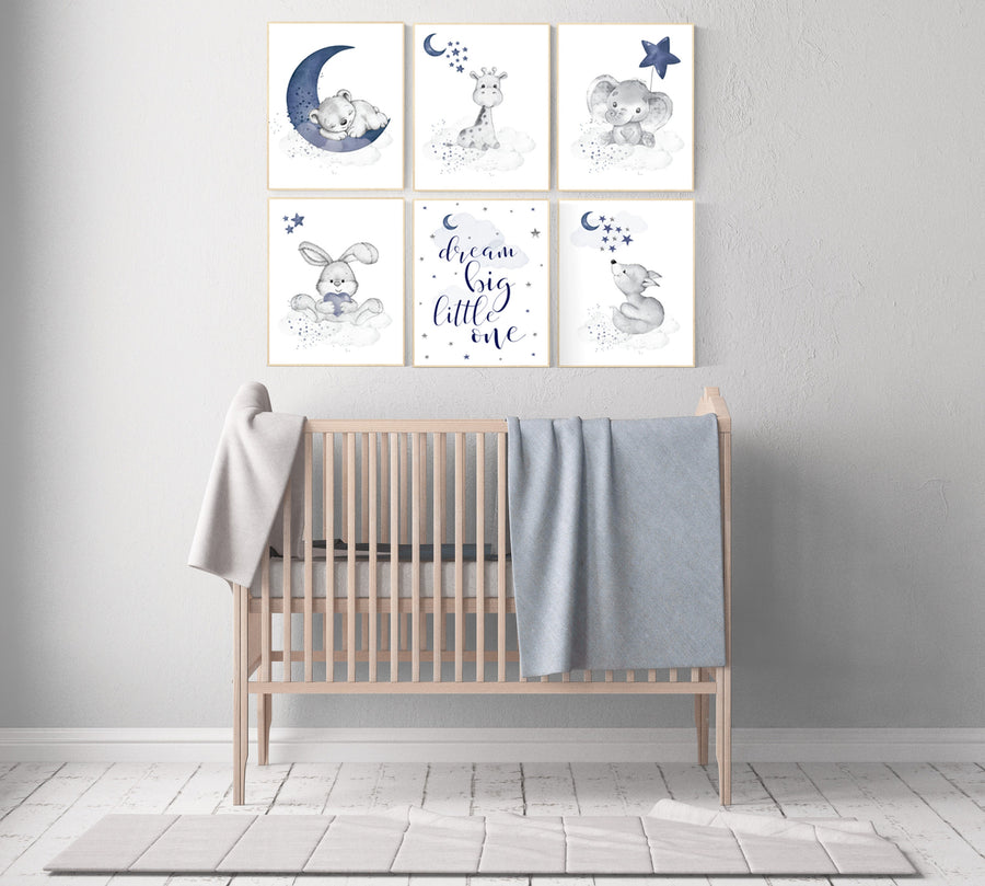 Nursery decor animals, nursery wall art boy, moon and stars, navy blue, animal prints for nursery, navy blue nursery, set of 6 prints