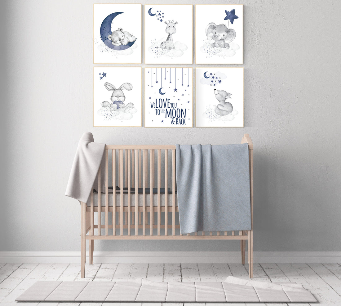 Nursery decor boy animals, moon and stars, navy blue, animal prints for nursery, navy blue nursery, we love you to the moon and back