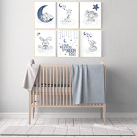 Nursery decor boy animals, moon and stars, navy blue, animal prints for nursery, navy blue nursery, we love you to the moon and back