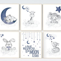 Nursery decor boy animals, moon and stars, navy blue, animal prints for nursery, navy blue nursery, we love you to the moon and back