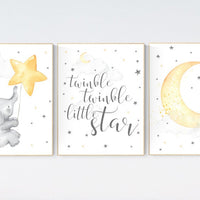 Twinkle twinkle little star, nursery decor neutral, yellow nursery, baby room art, elephant nursery wall art, gender neutral, moon nursery