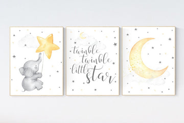 Twinkle twinkle little star, nursery decor neutral, yellow nursery, baby room art, elephant nursery wall art, gender neutral, moon nursery