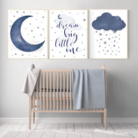 Nursery decor boy, navy nursery decor, moon and stars, dream big little one, navy blue nursery art, baby boy nursery art, raindrops