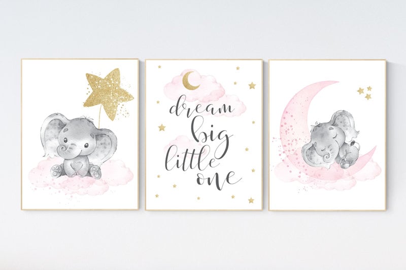 Nursery wall art girl elephant, pink gold nursery, dream big little one, cloud and stars, girl nursery wall decor, set of 3 prints, animals