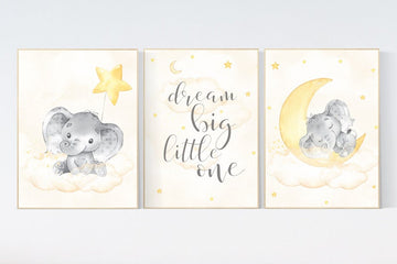 Yellow nursery wall art, nursery wall art elephant, moon and stars, gender neutral, yellow and gray nursery art, baby room decor, neutral