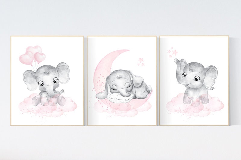 Elephant nursery art, elephant nursery print, pink and gray nursery, moon and stars nursery, baby room decor girl, nursery prints girl