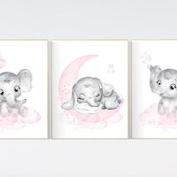 Elephant nursery art, elephant nursery print, pink and gray nursery, moon and stars nursery, baby room decor girl, nursery prints girl