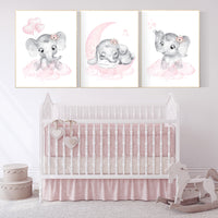 Elephant nursery art, elephant nursery print, pink and grey nursery, moon and stars nursery, baby girl room prints, pink nursery, balloons