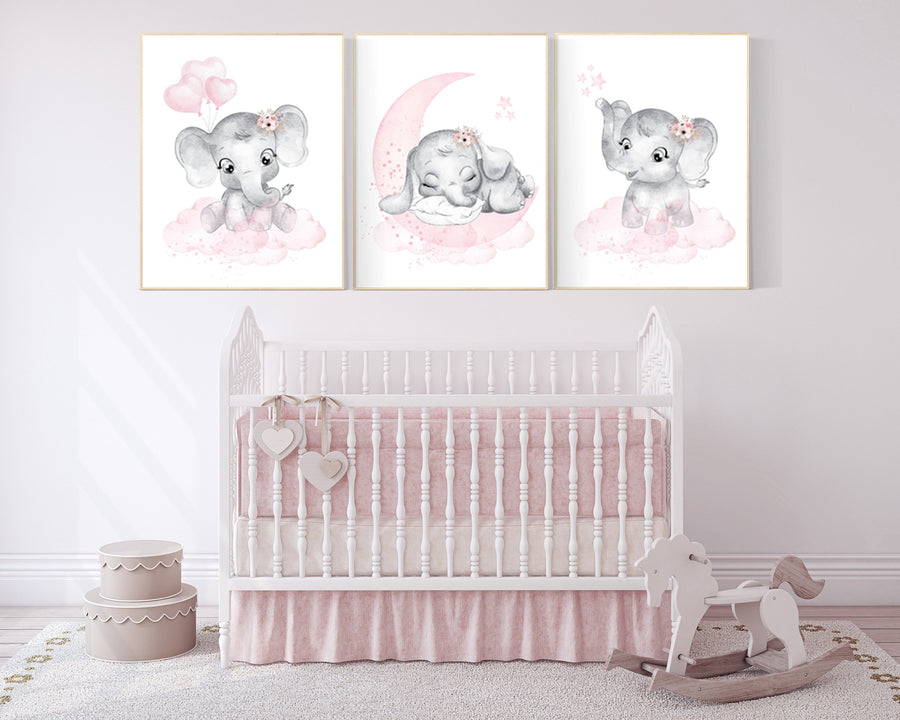 Elephant nursery art, elephant nursery print, pink and grey nursery, moon and stars nursery, baby girl room prints, pink nursery, balloons