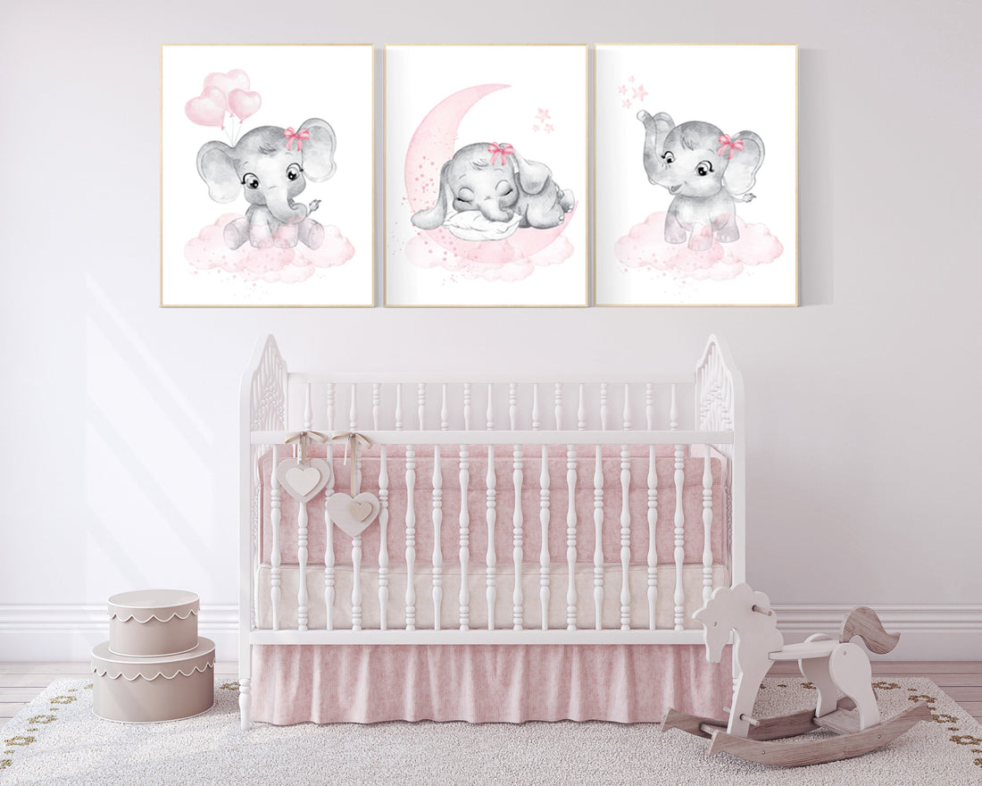 Elephant Nursery Art: Pink & Gray Baby Girl Prints