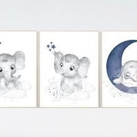 Navy nursery decor, moon and stars, navy blue nursery art. baby room wall art, boy nursery decor, set of 3, nursery prints boy, elephant art