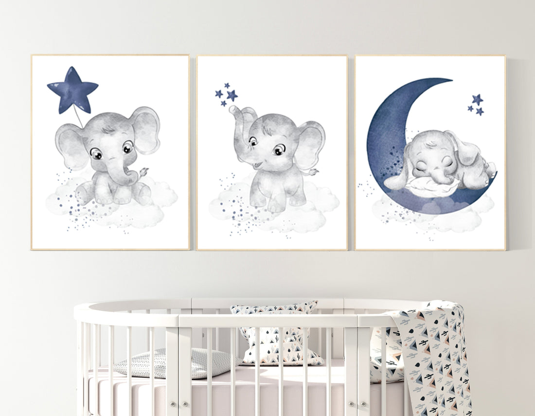 Navy nursery decor, moon and stars, navy blue nursery art. baby room wall art, boy nursery decor, set of 3, nursery prints boy, elephant art