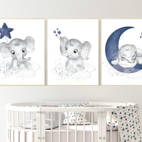 Navy nursery decor, moon and stars, navy blue nursery art. baby room wall art, boy nursery decor, set of 3, nursery prints boy, elephant art