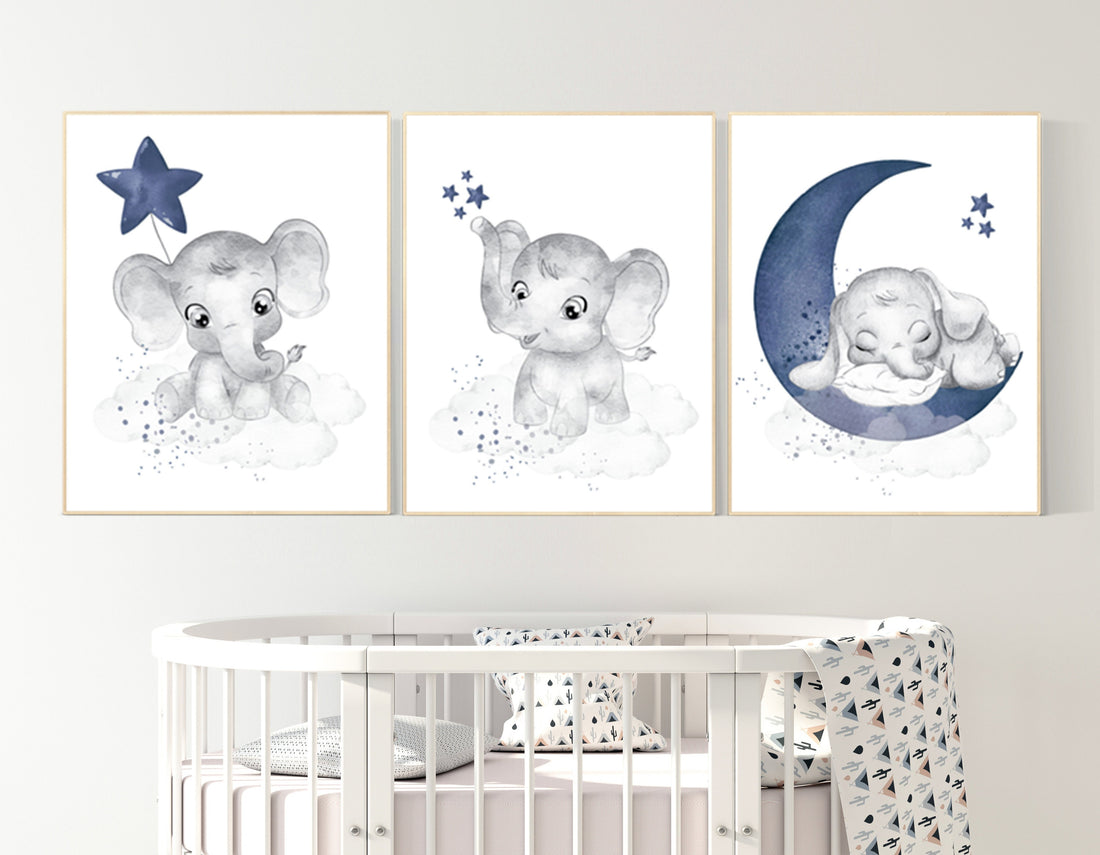 Nursery decor elephant, navy nursery decor, moon and stars, moon and stars, navy blue nursery art. baby room wall art, elephant nursery