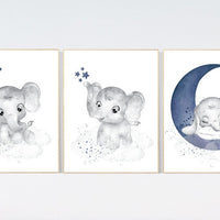 Nursery decor elephant, navy nursery decor, moon and stars, moon and stars, navy blue nursery art. baby room wall art, elephant nursery