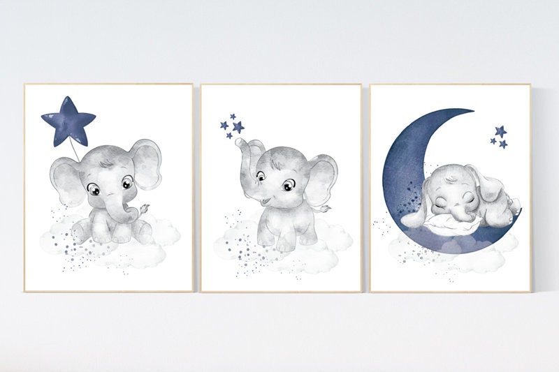 Nursery decor elephant, navy nursery decor, moon and stars, moon and stars, navy blue nursery art. baby room wall art, elephant nursery