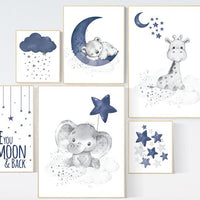 Nursery decor boy elephant, giraffe, boy nursery decor, moon and stars, navy nursery, boy nursery wall art, we love you to the moon and back