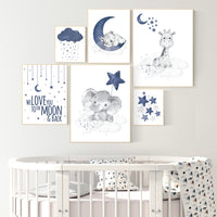 Nursery decor boy elephant, giraffe, boy nursery decor, moon and stars, navy nursery, boy nursery wall art, we love you to the moon and back