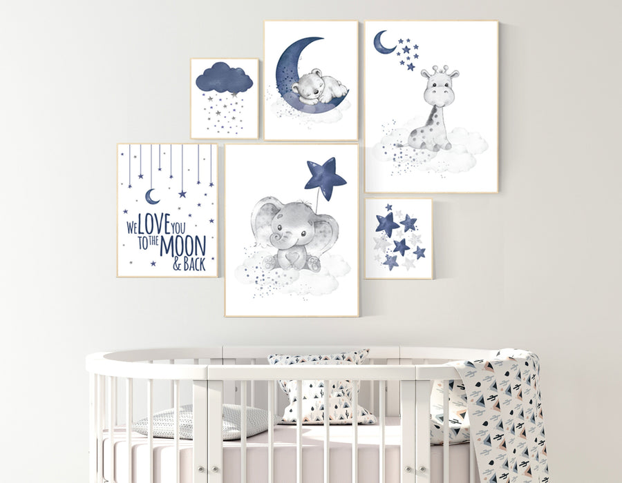 Nursery decor boy elephant, giraffe, boy nursery decor, moon and stars, navy nursery, boy nursery wall art, we love you to the moon and back