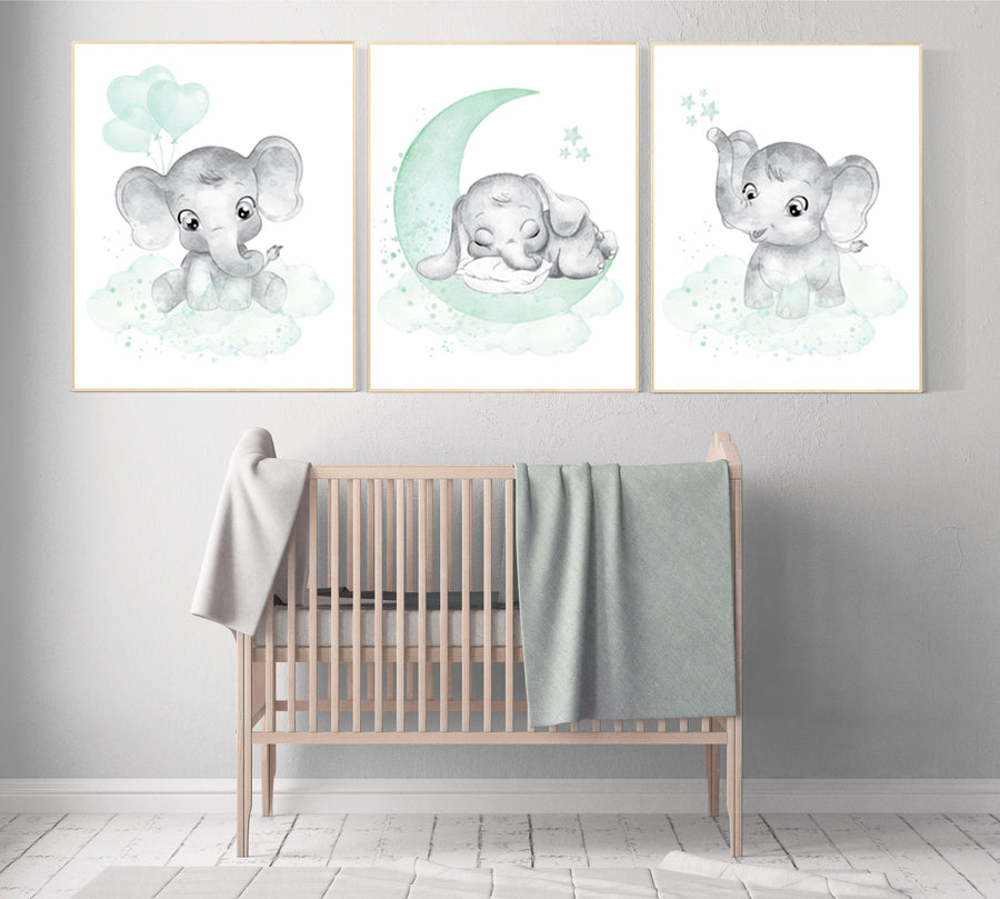 Elephant nursery art, elephant nursery print, mint nursery decor, moon and stars, baby room wall art, gender neutral, aqua, mint green