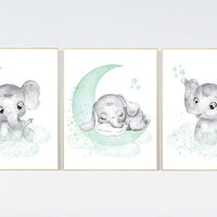Elephant nursery art, elephant nursery print, mint nursery decor, baby room wall art, gender neutral, aqua, moon stars, elegant, mint green