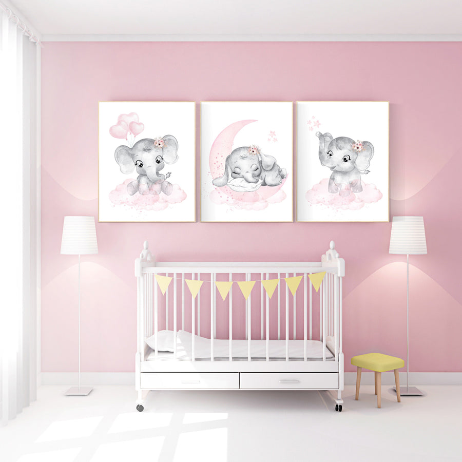Nursery wall art girl elephant, pink and grey, nursery decor girl pink, moon, stars, nursery prints, baby room decor, girl nursery, animals