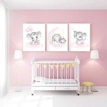 Nursery wall art girl elephant, pink and grey, nursery decor girl pink, moon, stars, nursery prints, baby room decor, girl nursery, animals