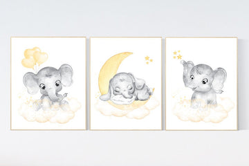 Nursery wall art neutral, nursery wall art elephant, moon and stars, gender neutral, baby room decor, elephant balloon, yellow grey, elegant