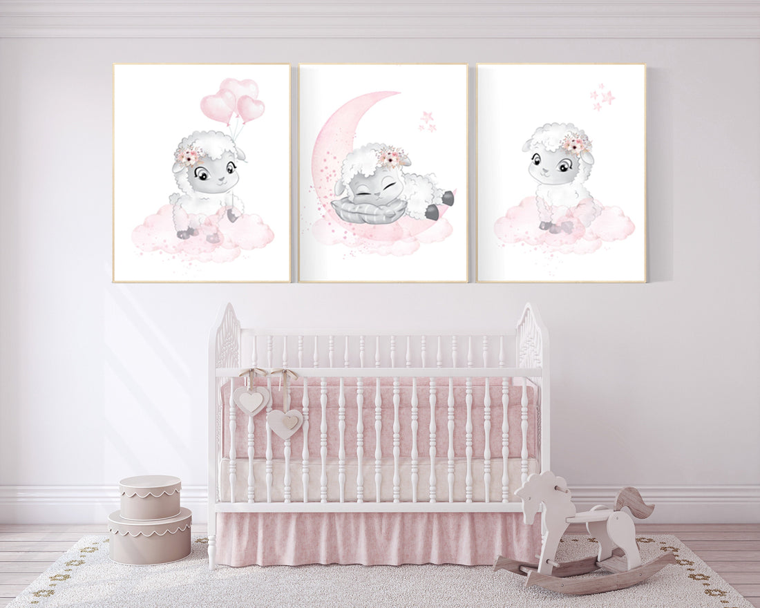 Sheep nursery decor, Nursery decor girl, nursery decor lambs, nursery wall art sheep, moon and cloud wall art nursery, girl nursery decor