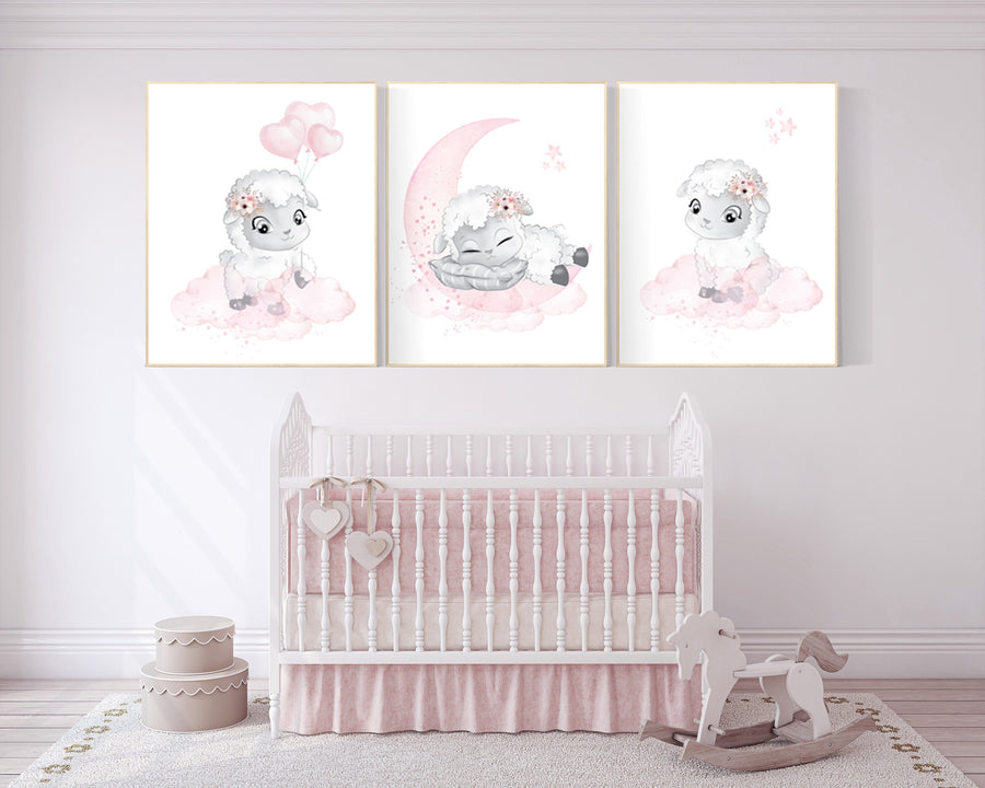 Sheep nursery decor, Nursery decor girl, nursery decor lambs, nursery wall art sheep, moon and cloud wall art nursery, girl nursery decor