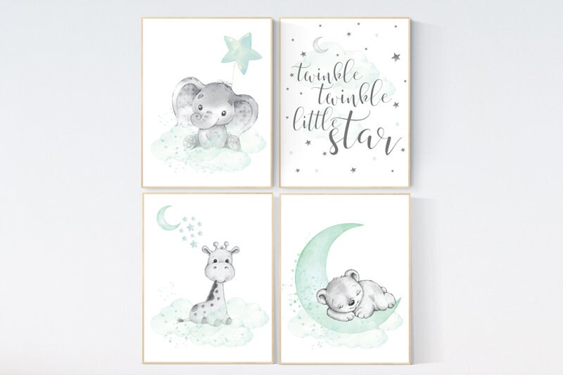 Nursery decor elephant, giraffe, bear, nursery wall art gender neutral, Mint nursery decor, nursery decor twins, mint green nursery prints