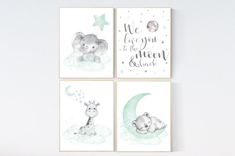 Elephant, giraffe, bear, nursery wall art gender neutral, Mint nursery decor, nursery decor twins, unisex, we love you to the moon and back