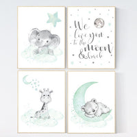 Elephant, giraffe, bear, nursery wall art gender neutral, Mint nursery decor, nursery decor twins, unisex, we love you to the moon and back
