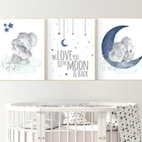 Elephant nursery, Navy and mint nursery decor, navy mint nursery art, baby room wall art, we love you to the moon and back, nursery prints