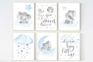 Nursery decor boy elephant, we love you to the moon and back, Blue and gray, moon and stars. nursery wall art boy elephant, baby blue, stars