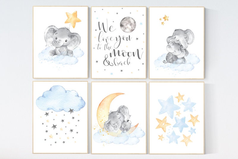 Nursery wall art elephant, nursery decor moon and stars, cloud nursery decor, gender neutral nursery print set, blue yellow, moon and back