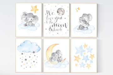 Nursery wall art elephant, nursery decor moon and stars, cloud nursery decor, gender neutral nursery print set, blue yellow, moon and back