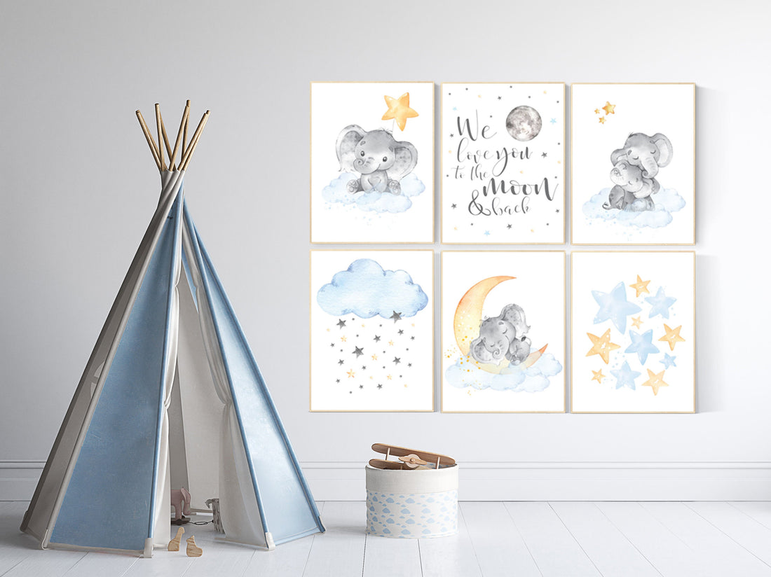 Nursery wall art elephant, nursery decor moon and stars, cloud nursery decor, gender neutral nursery print set, blue yellow, moon and back